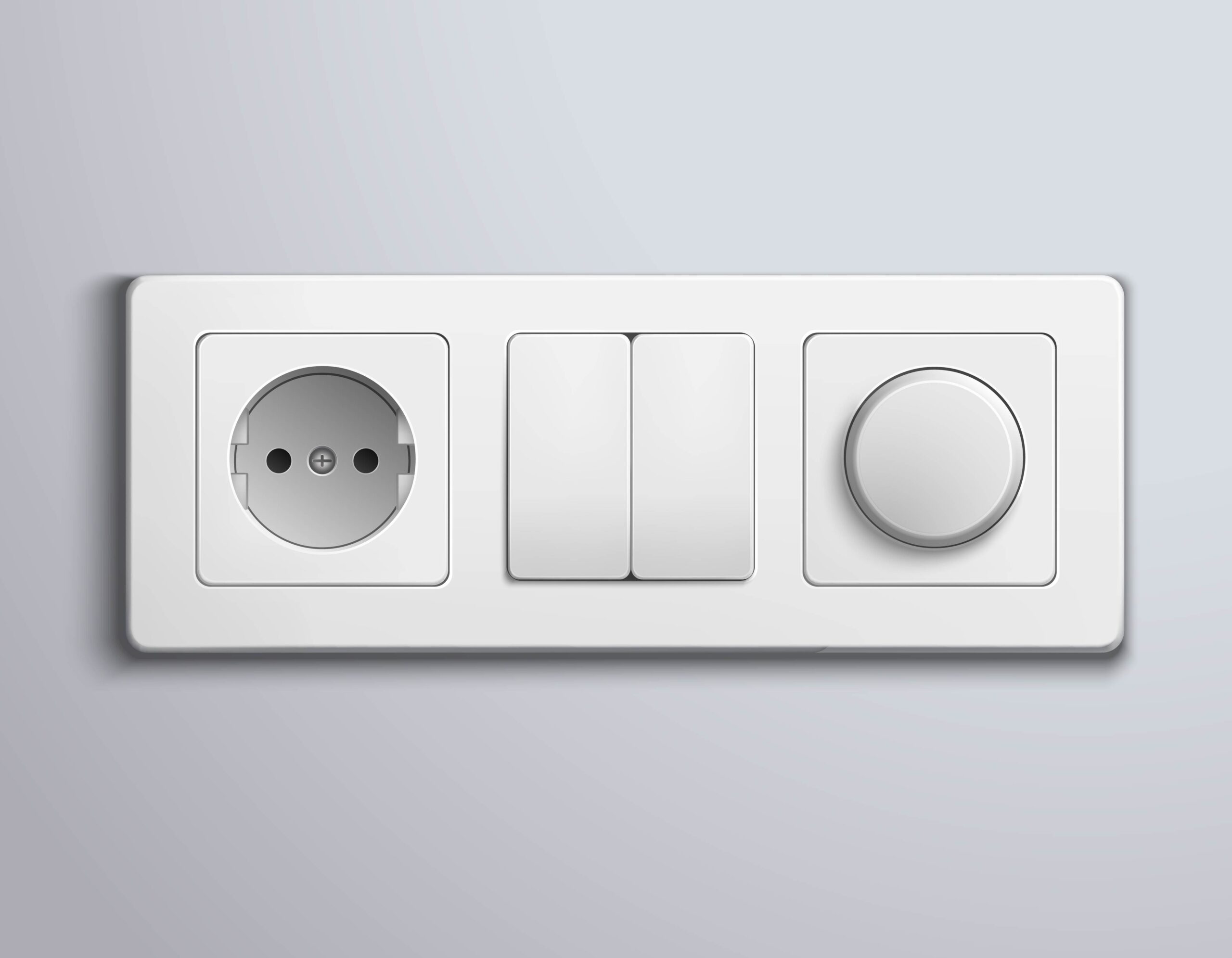 Realistic white plastic panel with socket and single round and double rectangular switches on grey wall vector illustration