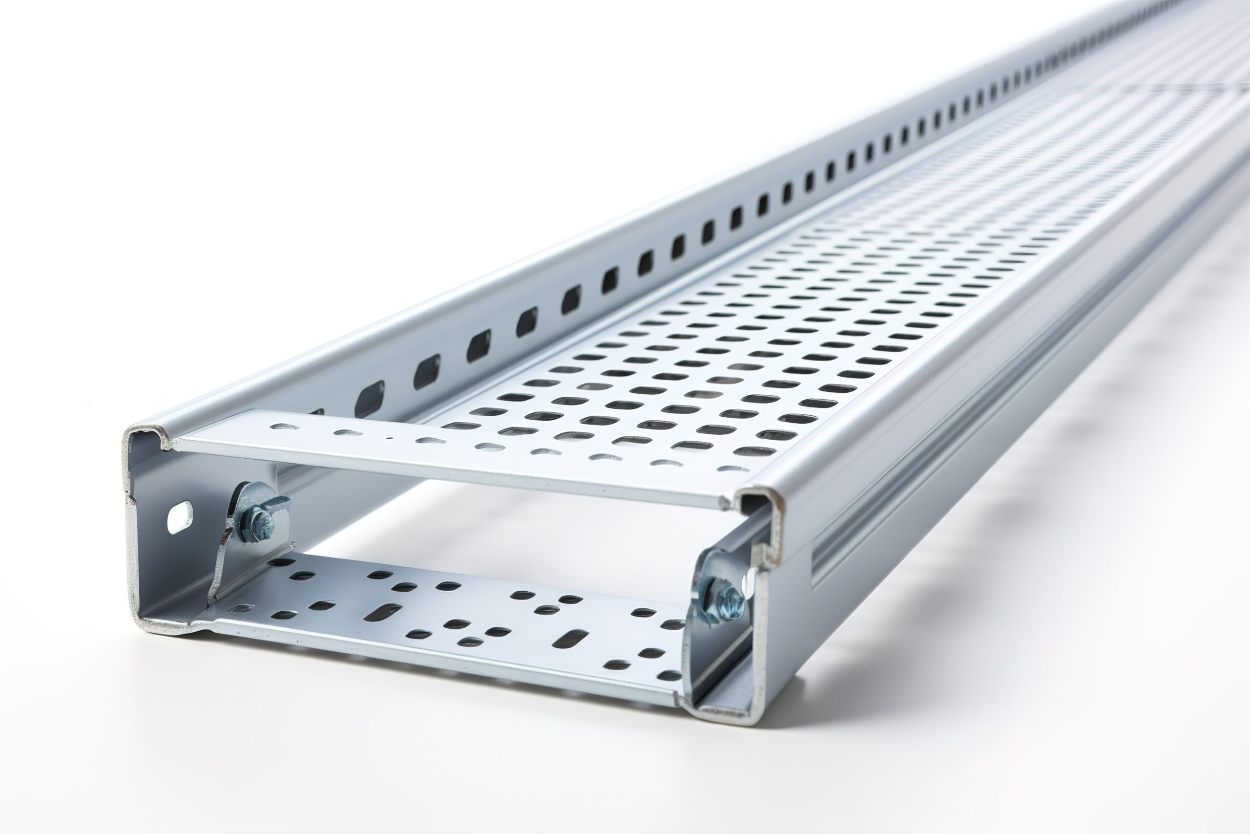 A close-up view of a silver metal cable tray with perforated holes. The tray is made of aluminum and has a smooth finish. It is designed to hold cables and wires securely in place. The tray is shown from a slightly angled perspective, highlighting the detail of the perforated holes and the sleek design of the tray.